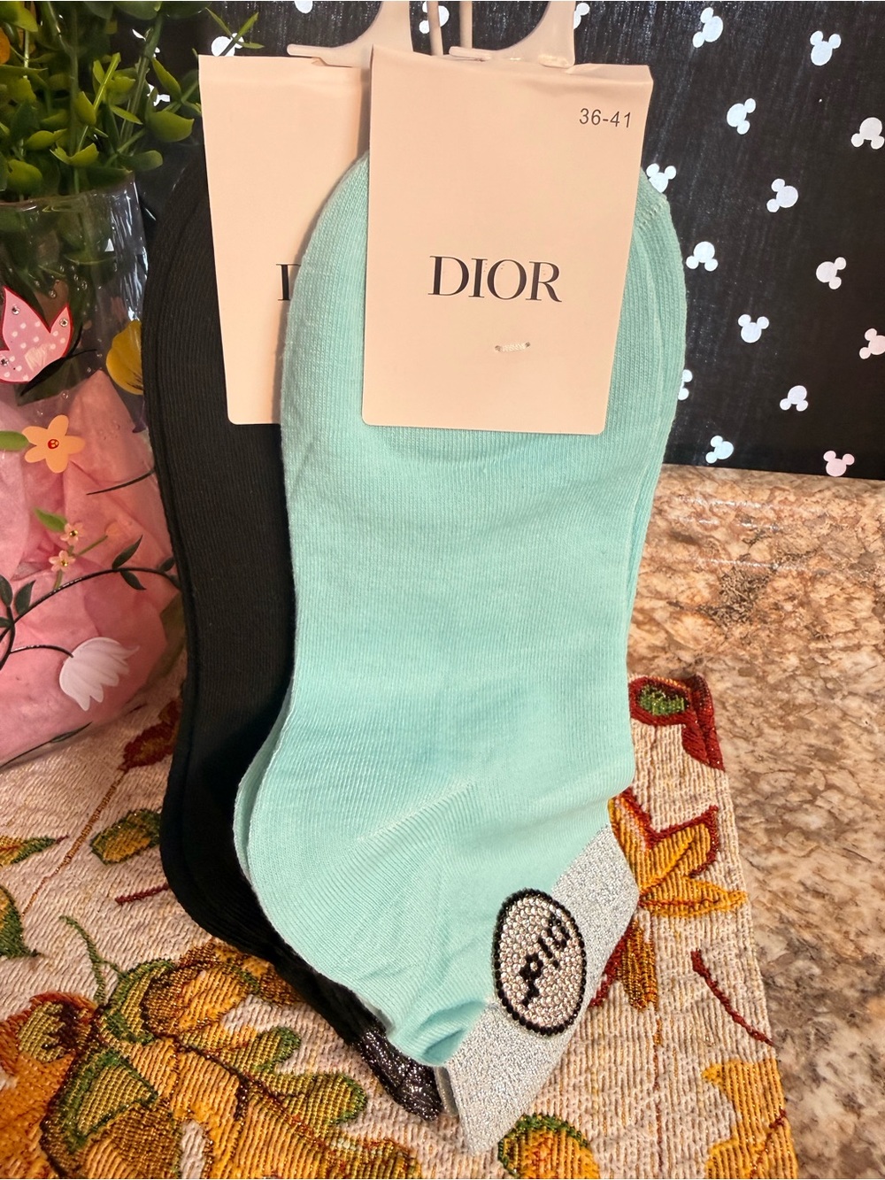 Dior ladies lAnkle Socks - Mint Green & Black (2-Pack)